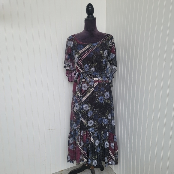 TAYLOR Women's Dress Burgundy Blue Green Floral Short Sleeve Textured Sheer Sz 6 - Picture 1 of 12